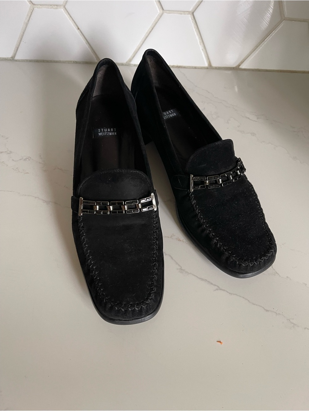 Stuart Weitzman Black Suede Chain-Trim Loafers